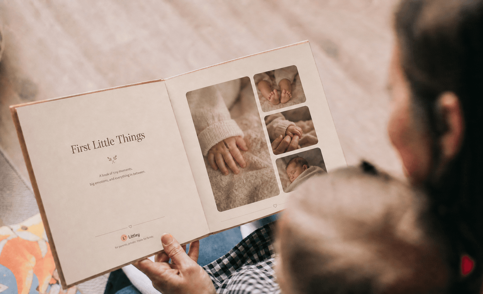 A real printed book open in a parent's hands